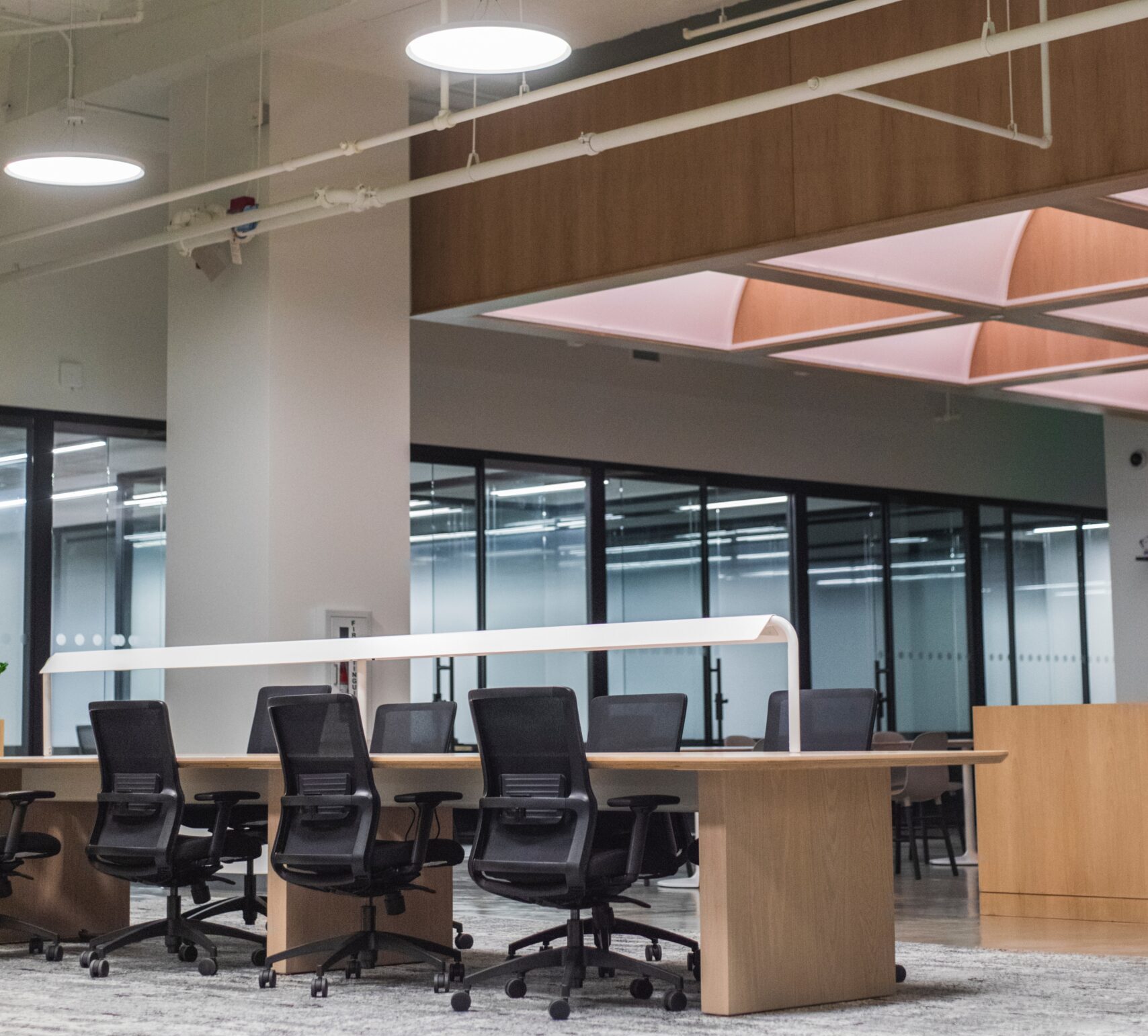 Charlotte office with a fire alarm and fire sprinklers above desks.