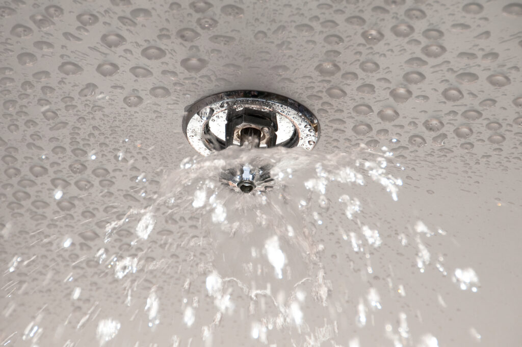 A fire sprinkler is spraying water