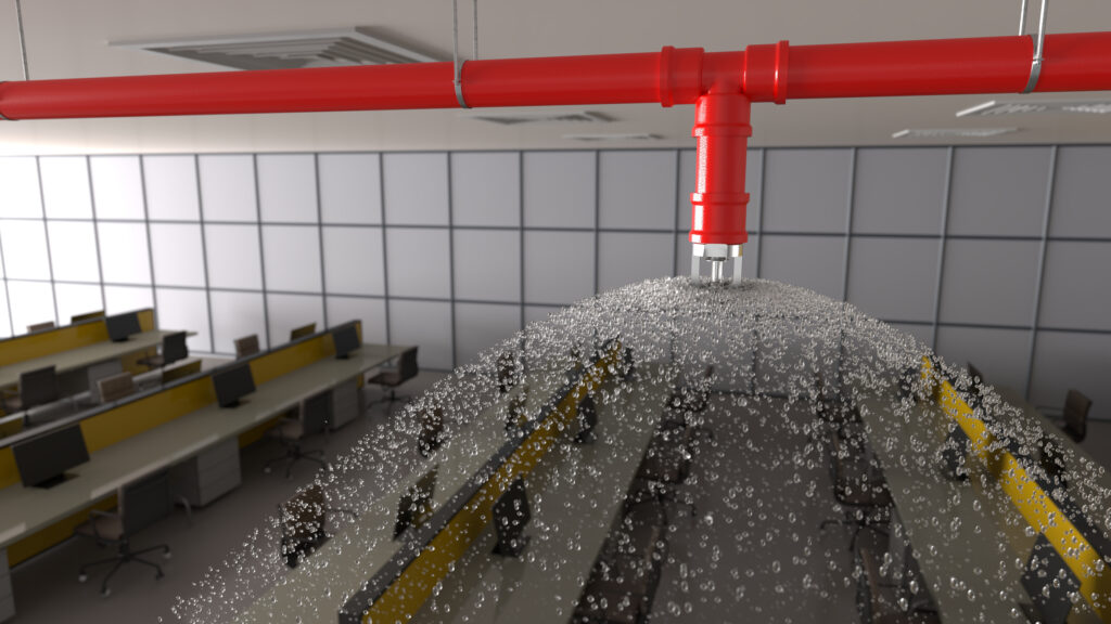 A fire sprinkler system spraying water